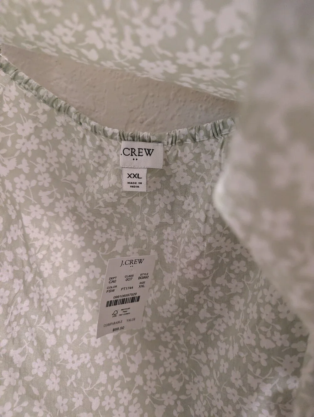 NWT J.Crew Light Mint Green & White Floral Crop Top Ruffle Sleeves, Size XXL